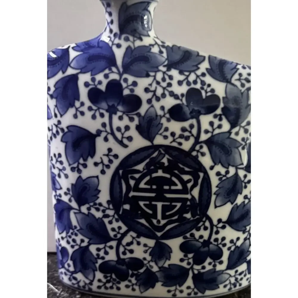 Vintage Blue White Floral Porcelain Flat Vase Asian Chinoiserie Decor- Unique